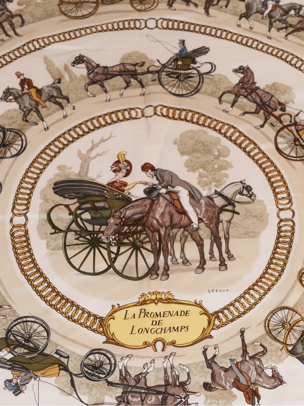 Hermès La Promenade de Longchamps Silk Twill Scarf Carré 90 Green Horse Racing M - Picture 2 of 6